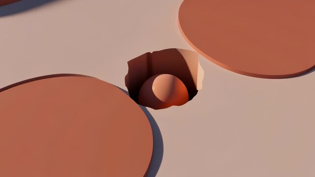 Abstract terracotta circles with peephole on beige textured background