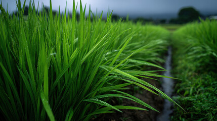 Obraz premium Rice field green plant close up curved contour wet leaf crop row agricultural field rural landscape fresh growth tropical farm