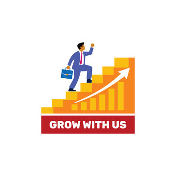 Motivational business illustration of a professional climbing bar chart steps with upward arrow, symbolizing growth, success, and career advancement.