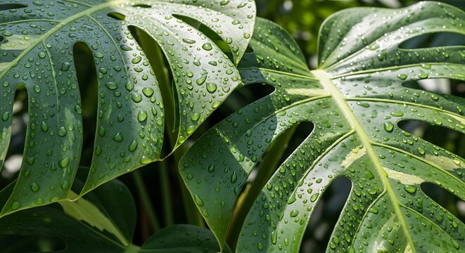 Close up of dew drops on green leaf