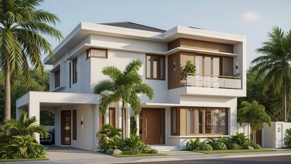 Fototapeta premium Modern two-story house exterior design with tropical garden