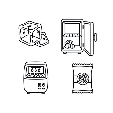 Ice maker refrigerator and ice cubes line icon set