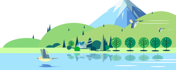 Obraz premium 富士山と湖の風景イラスト、編集可能なベクター素材、コピースペース付き、クリーンパス