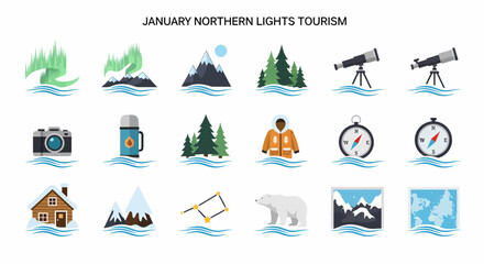 Northern Lights Tourism Travel Icons Set. © Agung