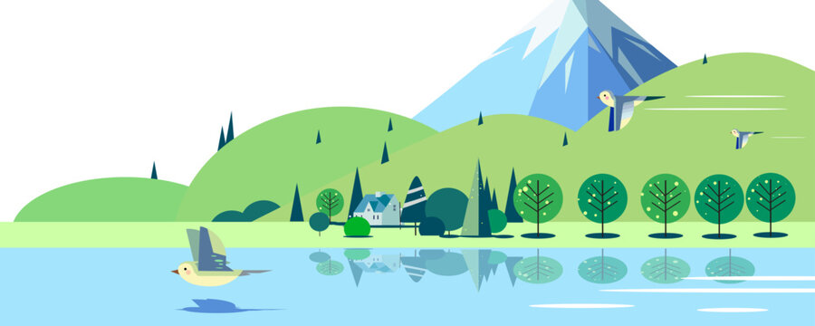 富士山と湖の風景イラスト、編集可能なベクター素材、コピースペース付き、クリーンパス