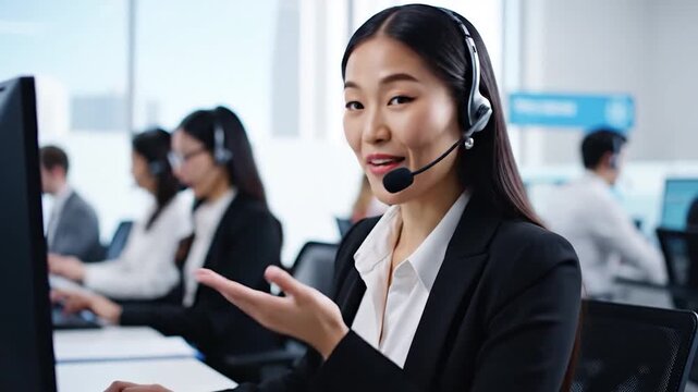 A smiling customer service representative wearing a headset is working at a computer in a modern office environment. She is providing assistance