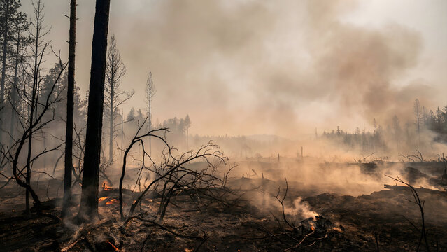 Smoky Clearcut Land Showing Burned Deforestation Aftermath
