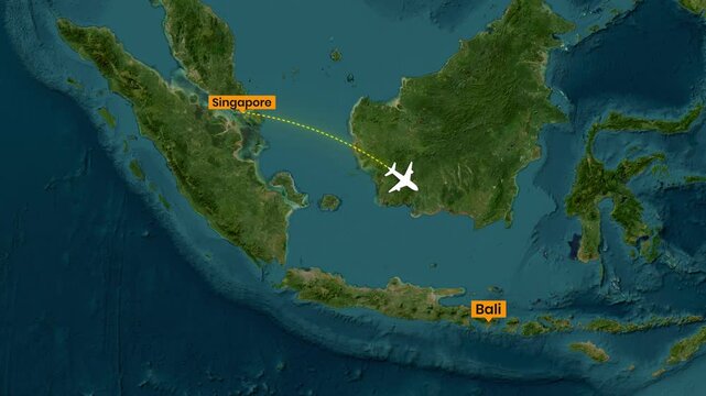 Animated airplane flight path from Singapore to Bali global motion footage