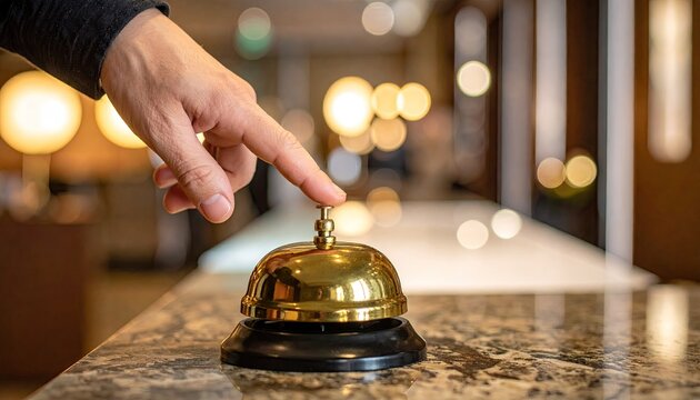 Close up of a hand ringing a golden service bell on a marble countertop