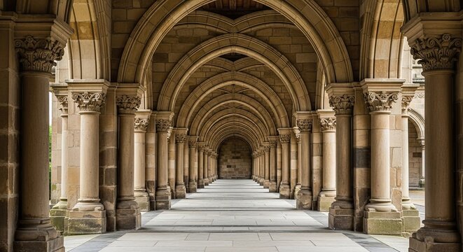 Ancient Stone Arches Corridor - Romanesque Architecture Perspective