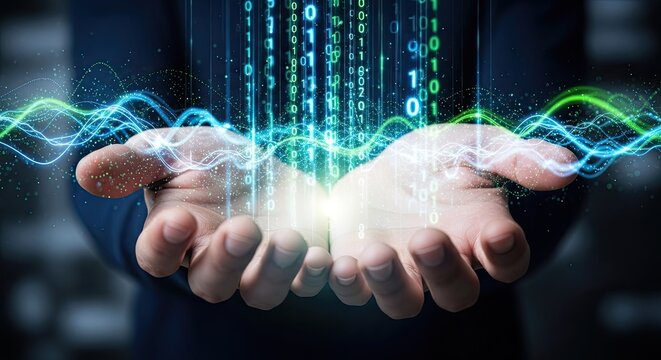 Hands holding digital data stream with binary code and energy waves