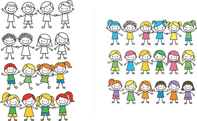 Obraz premium Cute diverse children groups in doodle style with black outline and colorful variations, representing friendship, teamwork, diversity, and happy childhood community illustration set