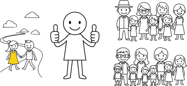Cute doodle style family characters with children and parents, happy relationships, parenting, outdoor walking, and positive feedback concept with thumbs up illustration