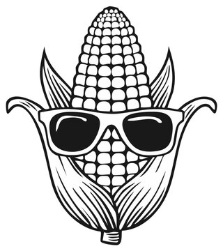 Corn wearing sunglasses, illustration. The design features a stylized corn cob with sunglasses, emphasizing a fun or playful vibe in a cartoon design.