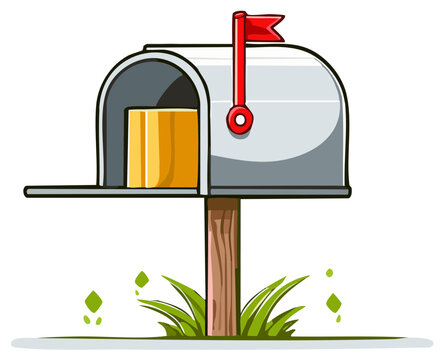 Cartoon mailbox with flag up delivers package on post, delivery confirmation notification illustration