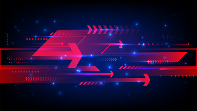 Futuristic digital background with high speed red arrows and geometric shapes racing across dark blue space with glowing light streaks, technology data transfer and internet connectivity