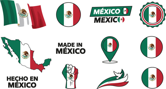 Mexico flag and map set with Made in Mexico stamps