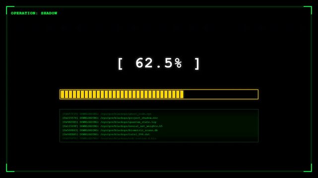 Secure data transfer or system boot screen with a digital progress bar animating a percentage increase and scrolling log messages video clip