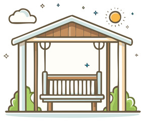 Obraz premium Cozy wooden porch swing pavilion with sunshine and clouds illustration