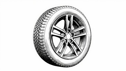Obraz premium Black ink line art close-up of a car tire and alloy wheel on white background