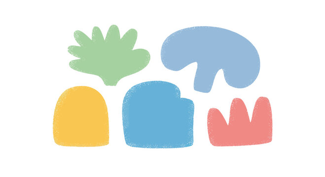 Abstract organic shapes in pastel colors on white background.