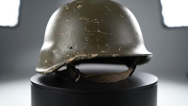 Vintage military helmet with scratches and wear marks displayed on a round stand