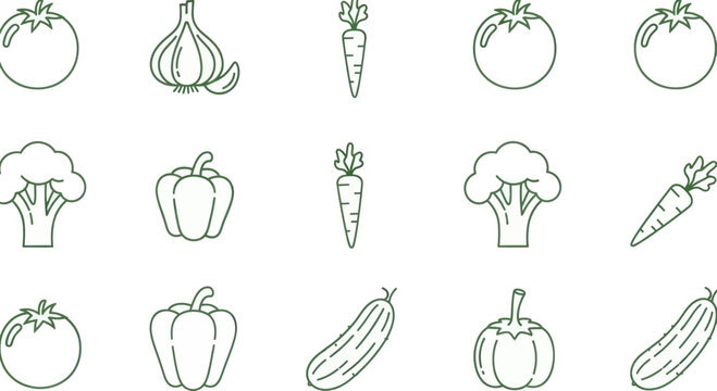 Assorted Fresh Vegetables Line Art Icons Collection.