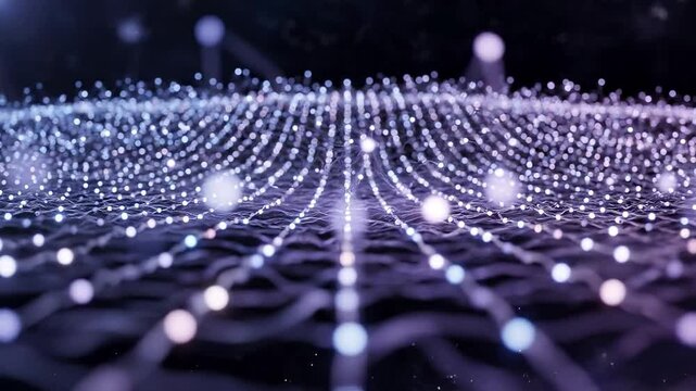 A futuristic network of glowing dots and lines in shades of purple and blue, forming a complex web-like structure on a dark background