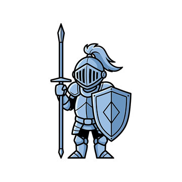 Cartoon Medieval Knight Warrior in Full Armor with Spear and Shield