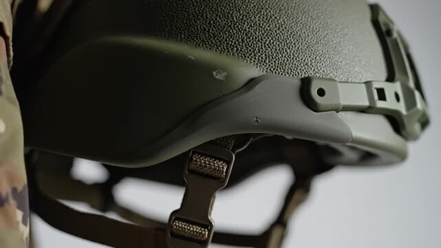 Close-up View of Military Helmet and Camouflage Uniform in a Steady Sequence