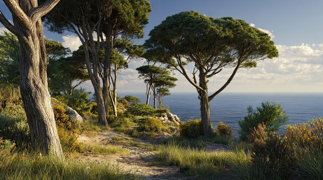 The Essence of Mediterranean coast, Grassy headland featuring Tall Italian cypress trees Cinematic Landscape