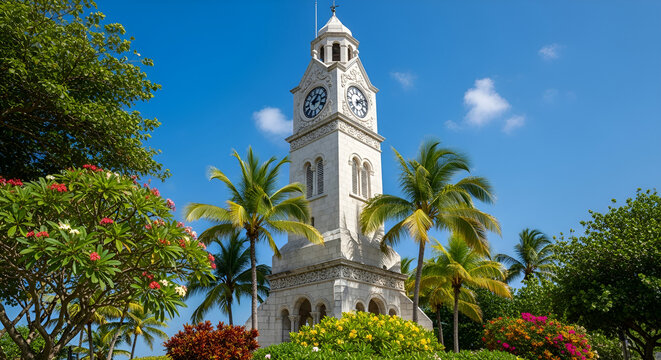 A historic white stone clock tower surrounded by lush palm trees and tropical flowers under a bright blue sky in Watampone.