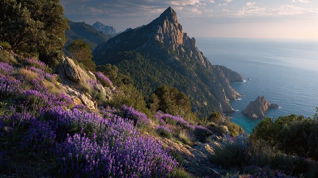 The Essence of Mediterranean coast, Steep seaside escarpment featuring Wild blooming lavender Cinematic Landscape Background