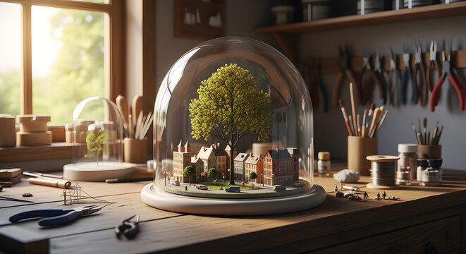 Miniature town under glass dome