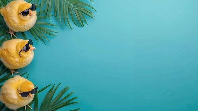 南国の葉背景にひよことサングラスを左配置した爽やかで使いやすい広告向け横動画