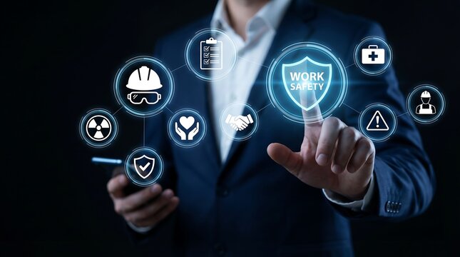 Businessman pointing at work safety holographic interface with hazard warning and protective gear icons for industrial health compliance and personnel safety management in corporate settings