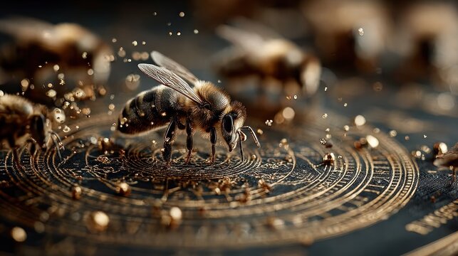 Macro shot of a bee on a detailed, golden, circular design with bokeh