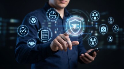 Fototapeta premium Businessman using mobile device to access digital work safety dashboard with glowing holographic icons for industrial risk management and regulatory compliance in modern workplace