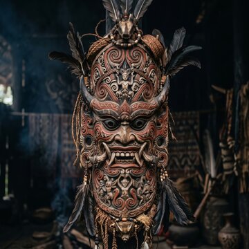 dayak tribal mask kalimantan, ethnic carvings, natural wood texture, red black patterns, mystical tribal style, dark background, ultra detailed