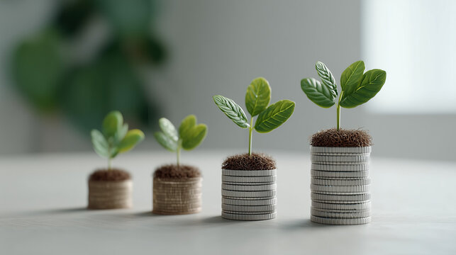 Growing Investment: A visual metaphor of financial growth, showcasing sprouts emerging from stacks of coins.