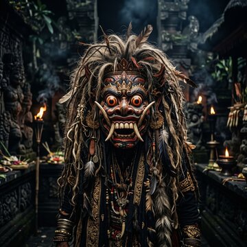balinese rangda mask, scary expression, long fangs, messy hair, dark mystical atmosphere, cinematic lighting, ultra detailed horror style