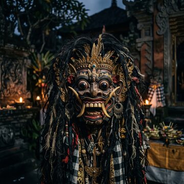 balinese rangda mask, scary expression, long fangs, messy hair, dark mystical atmosphere, cinematic lighting, ultra detailed horror style