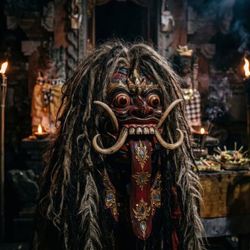balinese rangda mask, scary expression, long fangs, messy hair, dark mystical atmosphere, cinematic lighting, ultra detailed horror style
