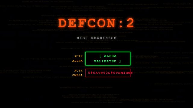 Defcon readiness sequence changing to maximum level in a digital terminal interface showing authentication authorization and military strategic launch motion footage