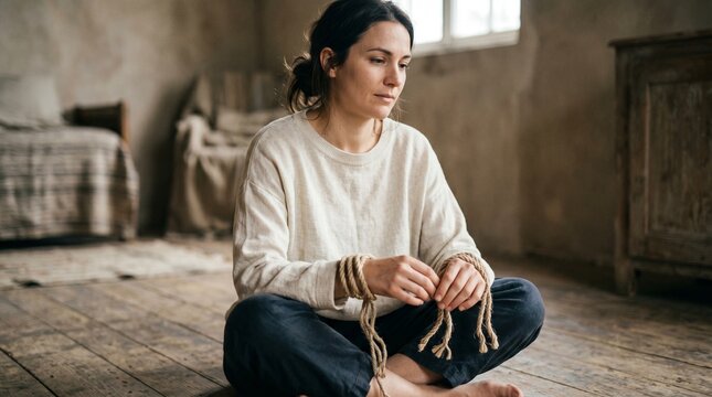 Woman with wrists tied with rope sitting on floor in rustic room representing feeling trapped and powerless
