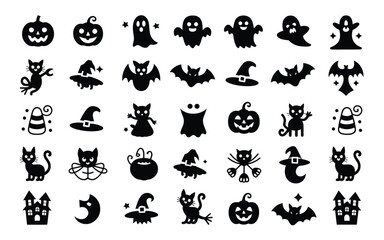 Obraz premium Vibrant halloween themed icon collection featuring black silhouettes of playful cats friendly ghosts mystical witches eerie jack o' lanterns and spooky bats against a stark white background