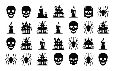 Obraz premium Striking halloween themed icon set featuring eerie silhouettes of haunted houses glowing candles skulls with hollow eye sockets and creepy spiders for festive seasonal designs decorations and digital