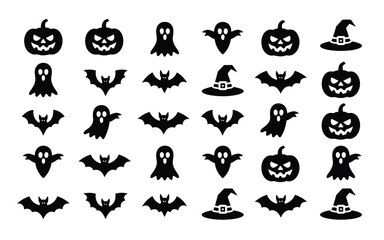 Obraz premium Elegant halloween themed vector iconset featuring carved pumpkins with glowing eyes ghostly apparitions with flowing veils bats in mid flight and witch hats with decorative bows all rendered in sleek