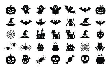 Fototapeta premium Playful collection of halloween themed icons featuring black silhouettes of jack o' lanterns ghosts bats spiders cats witches haunted houses and eerie symbols against a clean white background