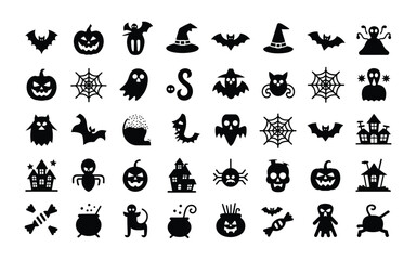 Fototapeta premium Creative halloween themed icon set showcasing spooky symbols like jack o' lanterns witches bats and haunted houses in sleek black and white minimalist style for seasonal digital designs and festive